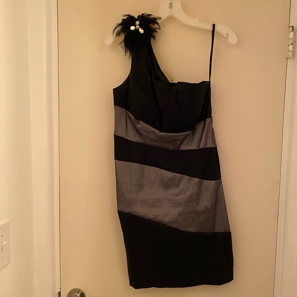 One shoulder Black and Silver dress.